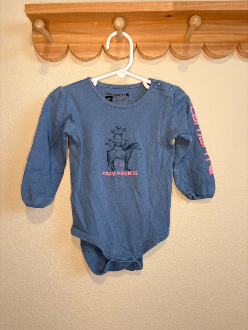 Carhartt Blue 'Farm Friends' Long-Sleeve Bodysuit with Pink Accents